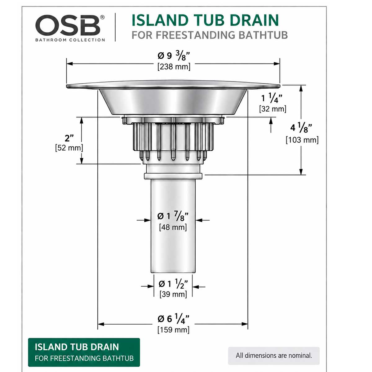OS&B island tub drain rough-in technical drawing with dimensions for freestanding bathtub