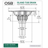 OS&B island tub drain rough-in technical drawing with dimensions for freestanding bathtub