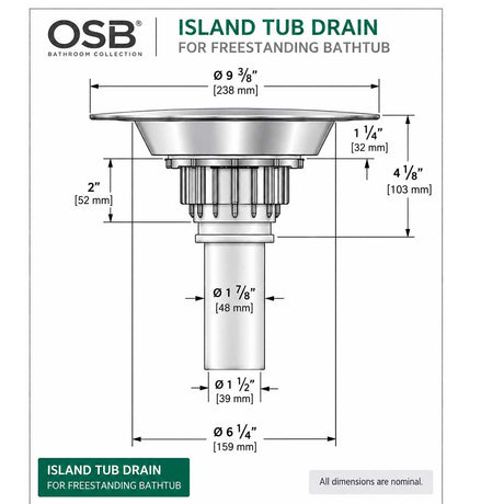 OS&B island tub drain rough-in technical drawing with dimensions for freestanding bathtub