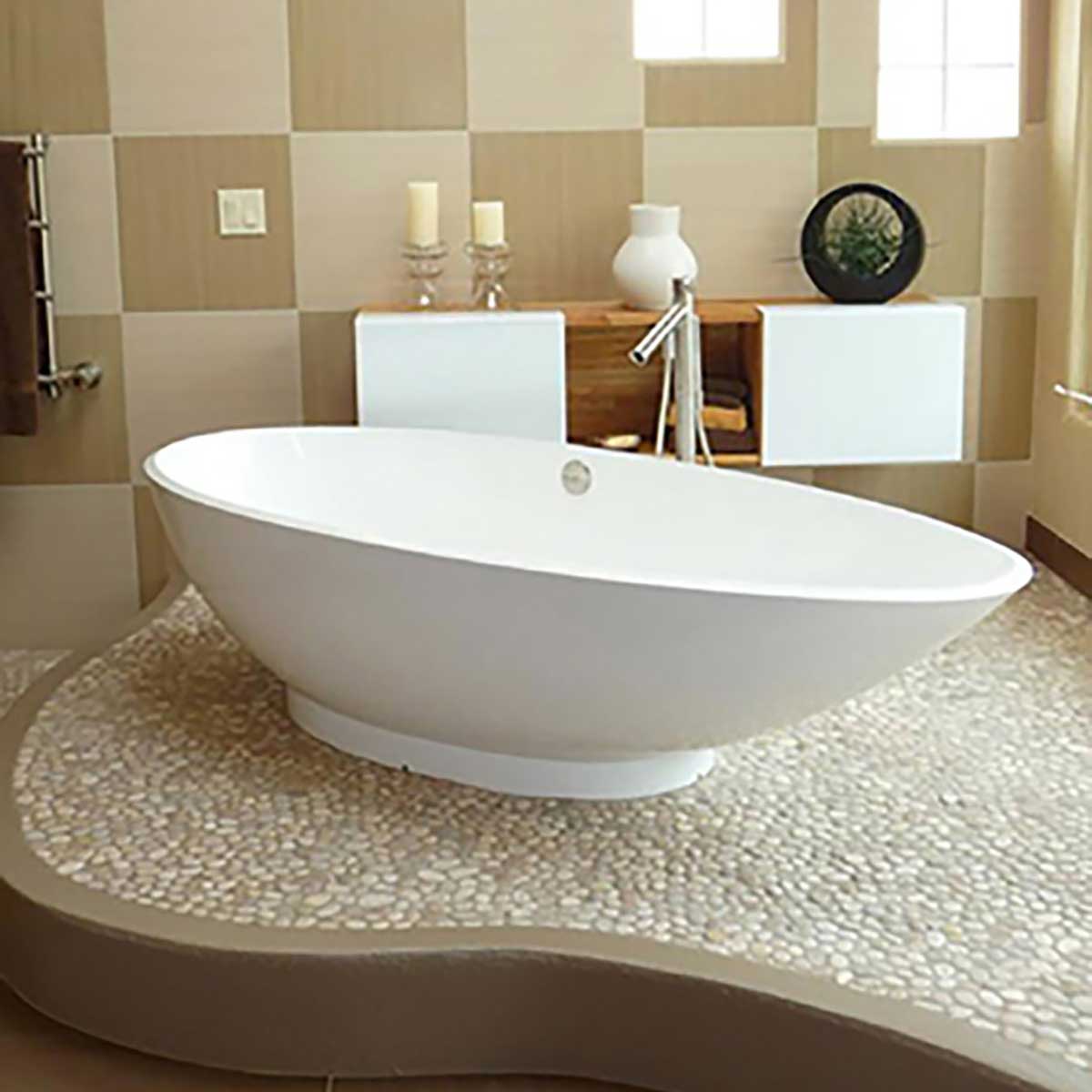 Contemporary bathroom featuring cream pebble stone mosaic tile