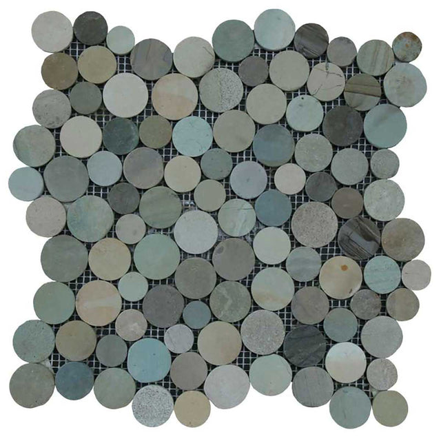 Botany Bay Olive stone coin river rock mosaic tile