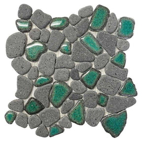 Teal Tide Glazed Basalt Pebble Mosaic Tile