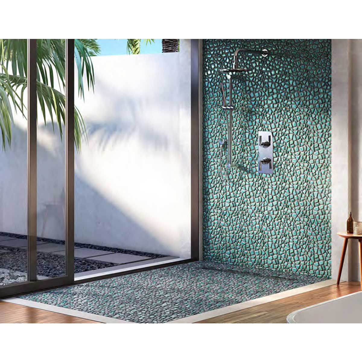 Teal and Lava Pebble Mosaic Tile for Shower Walls