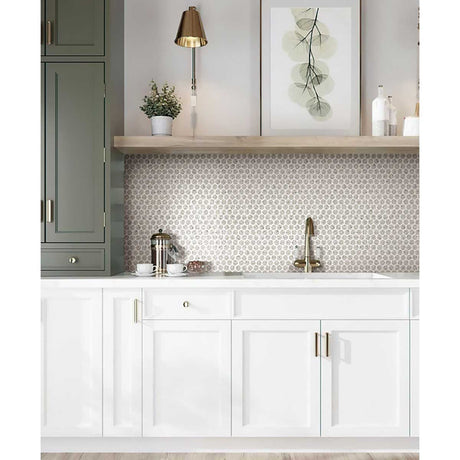 Modern kitchen with white cabinets, hexagonal tile backsplash, and Terrazzo Penny Round Mosaic 