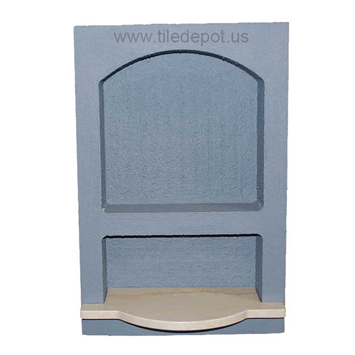 Front view of a preformed ready to tile wide combo arched shower niche with waterproof foam construction.
