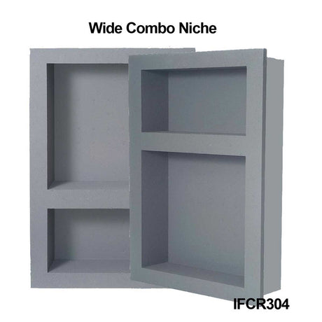 Waterproof 14 x 22 shower niche with dual storage compartments for shampoo and bath accessories.