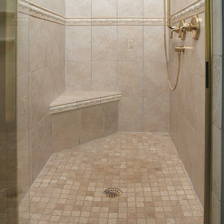 Custom tiled shower bench installation in residential bathroom remodel