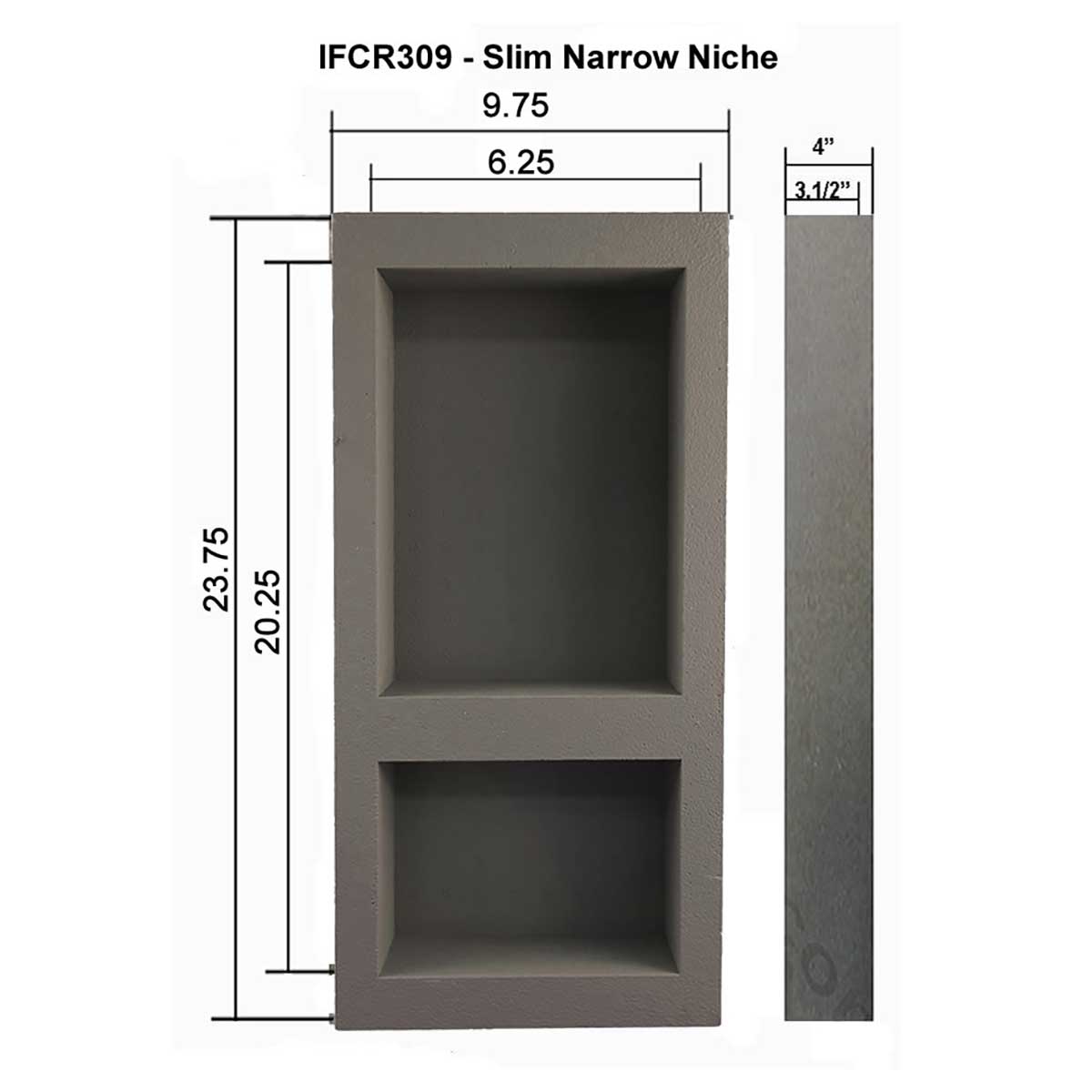 Narrow recessed shower niche with dual storage compartments Sketch