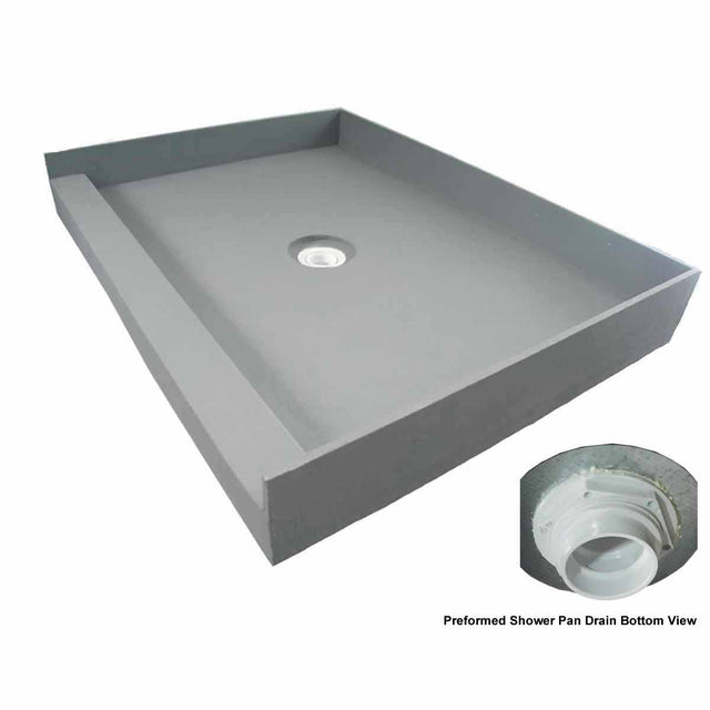 PreFormed Ready to Tile Shower Pan showing the PVC drain bottom