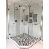 Glass shower enclosure with tiled walls and floor in a bathroom setting where the PreFormed Ready to Tile Shower Pan got installed