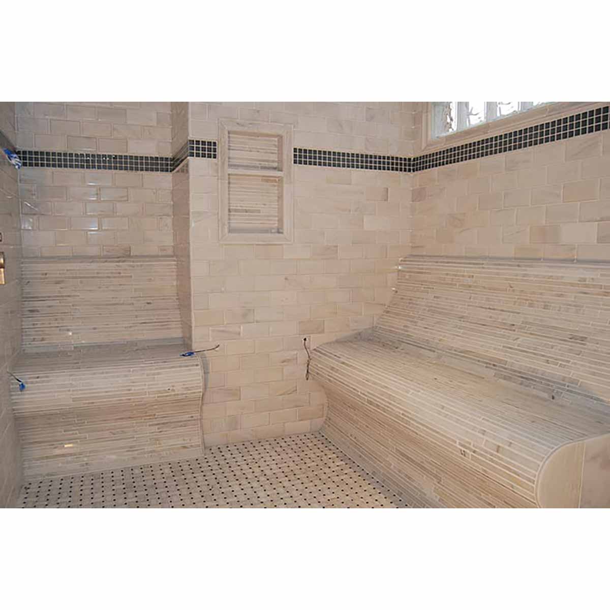 PreFormed Ready to Tile Shower Pan got installed with Preformed Bench cover with Beige tile and mosaic pattern on walls and floors