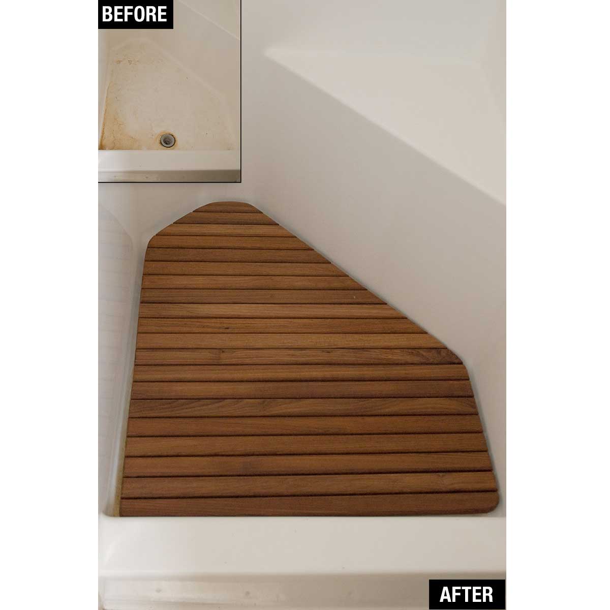 Custom teak shower mat with drain cutout