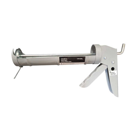 Contractor caulking gun with built-in spout cutter and ladder hook