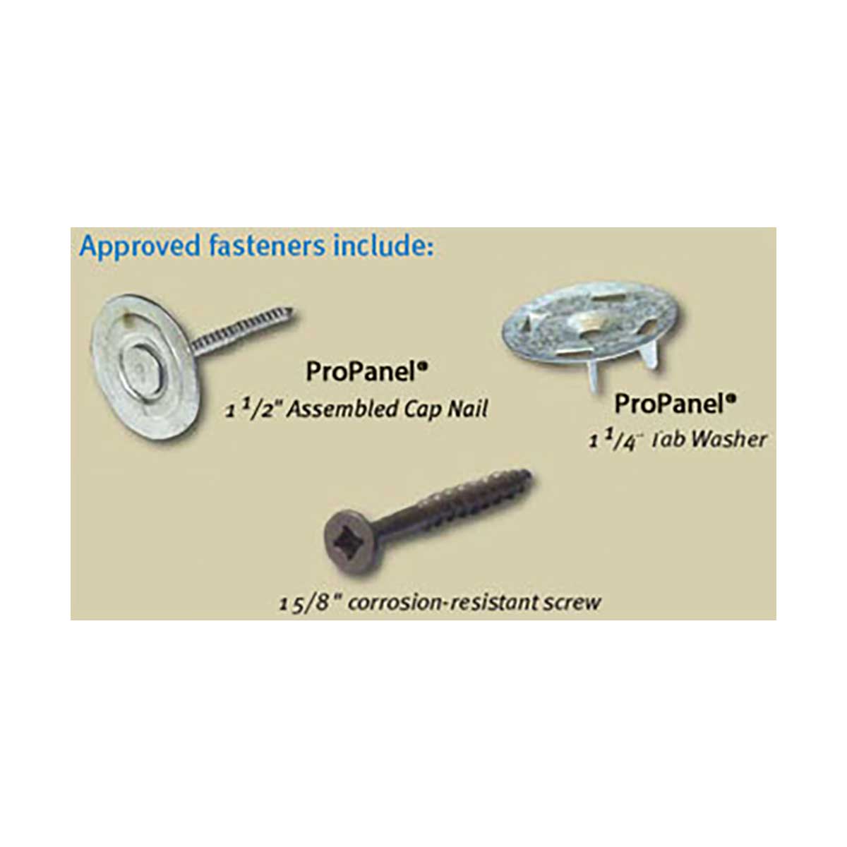 ProPanel fasteners including a cap nail, tab washer, and screw on a beige background.
