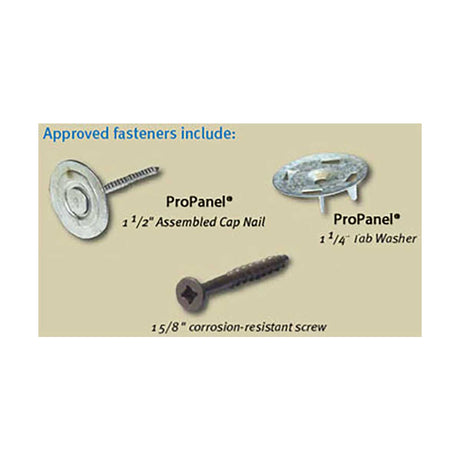 ProPanel fasteners including a cap nail, tab washer, and screw on a beige background.