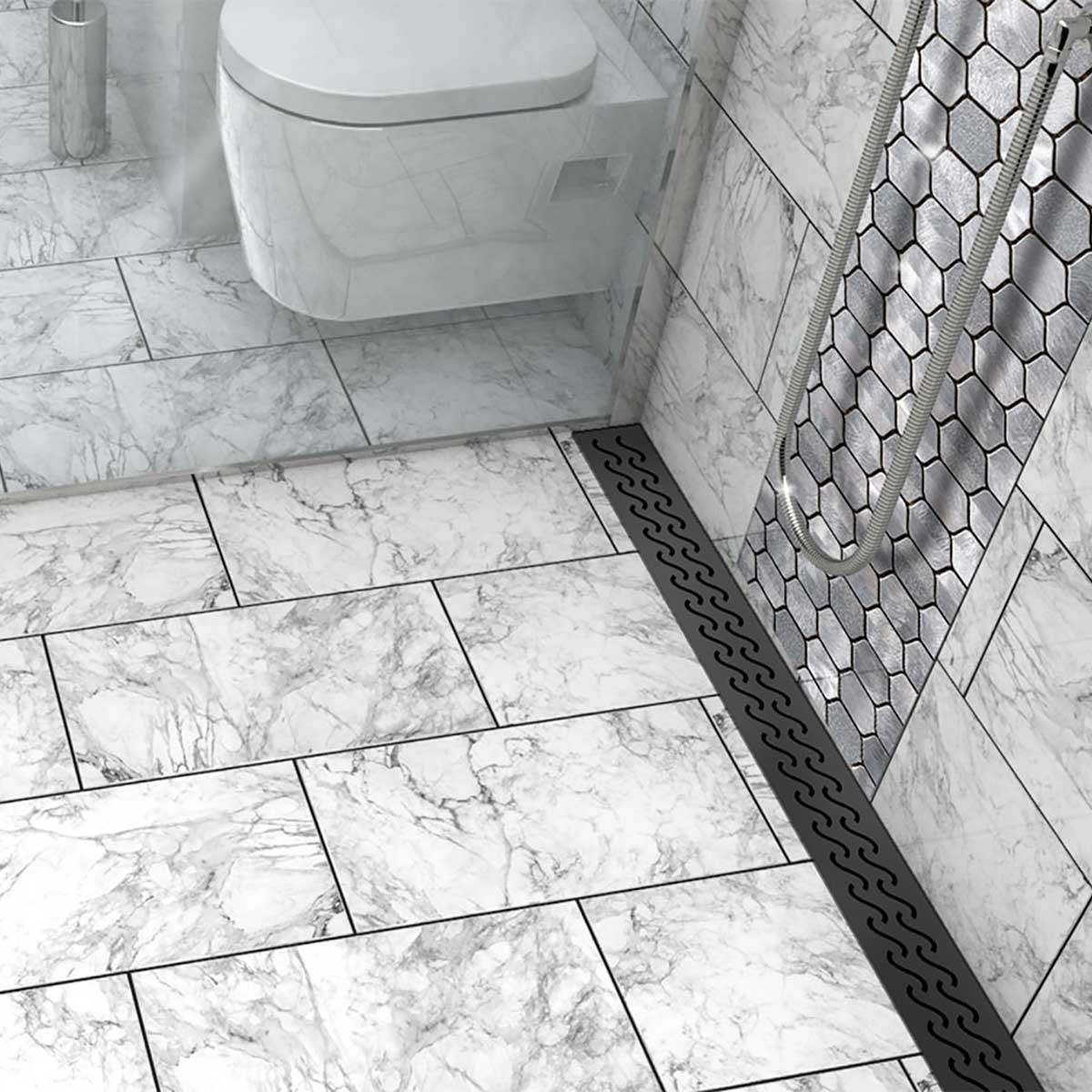 Matte black Hawaii linear shower drain for modern walk-in shower