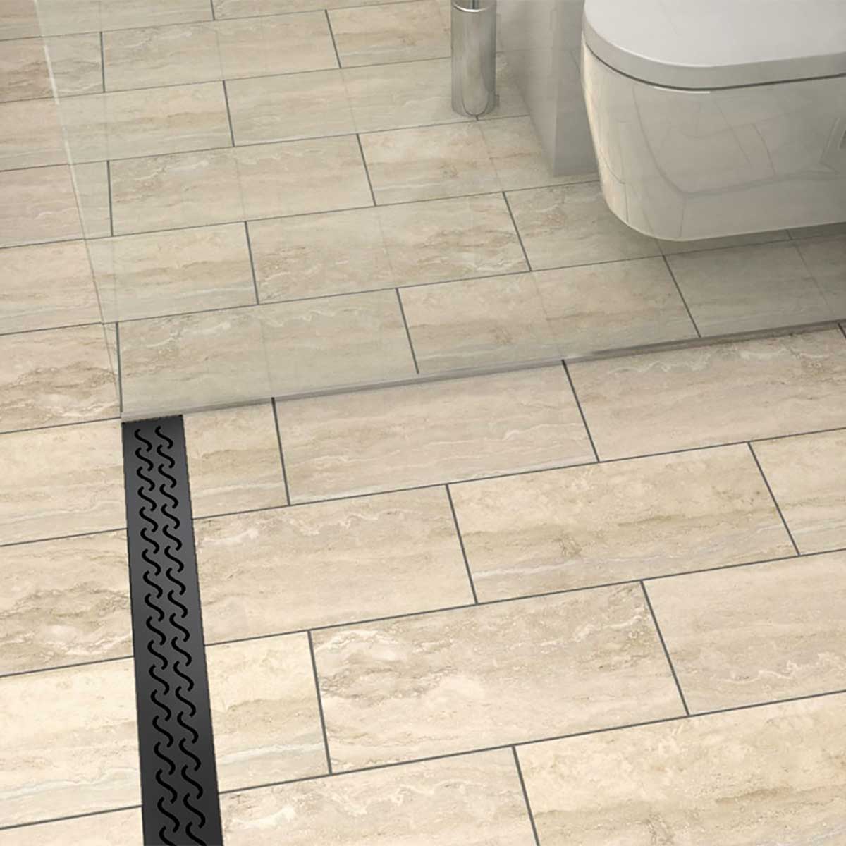 Quartz Hawaii stainless steel linear shower drain with curved slot pattern