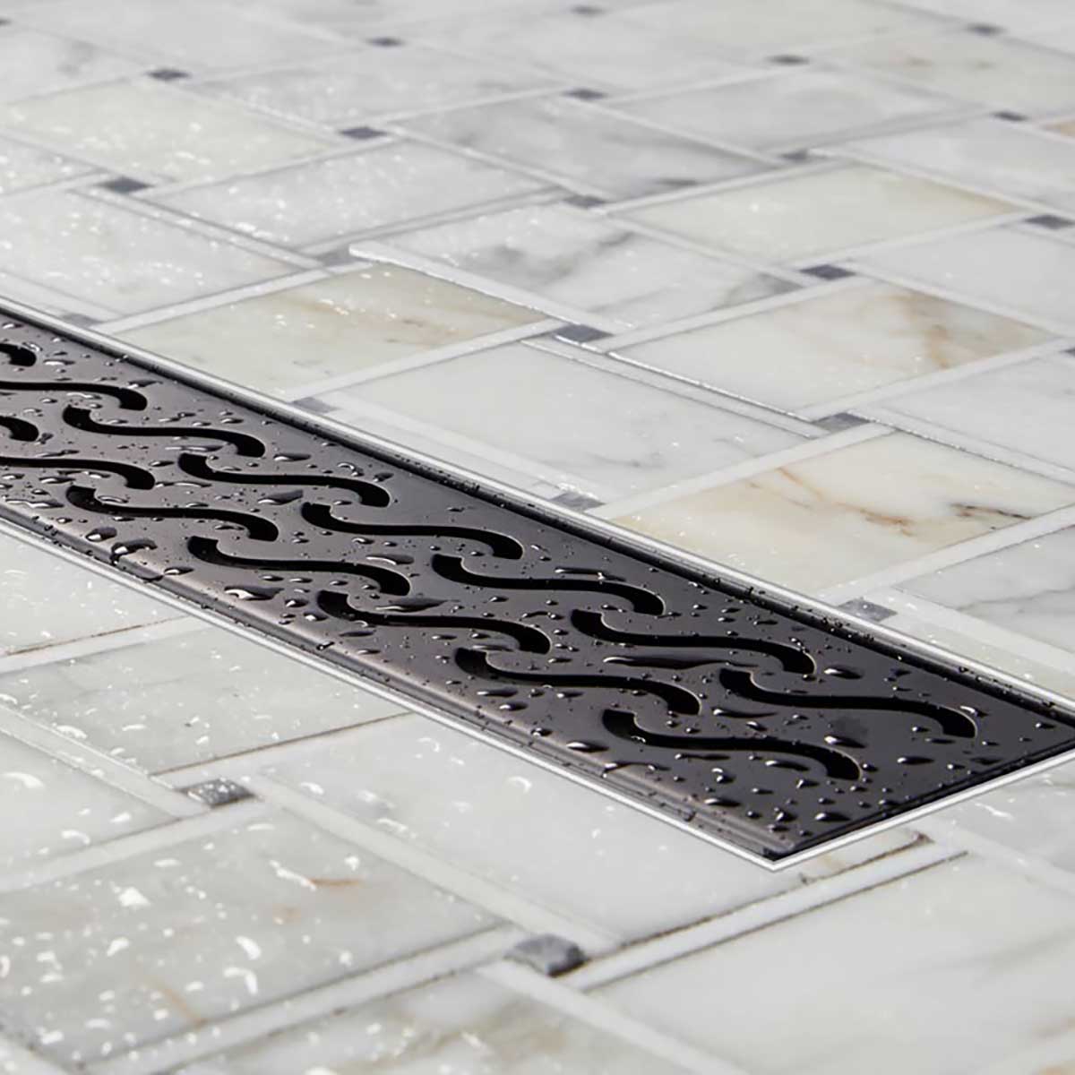 Contemporary matte black linear shower drain for tile shower floor