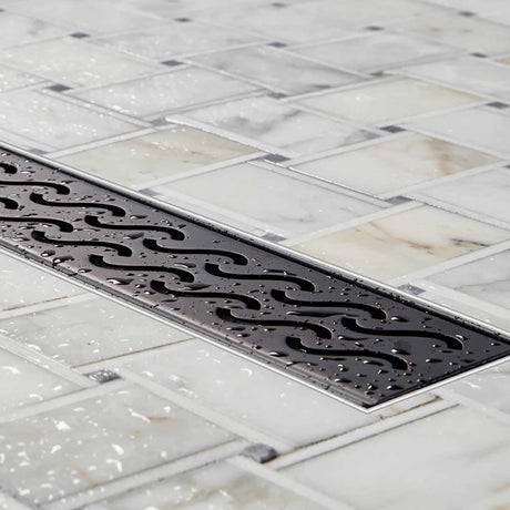 Contemporary matte black linear shower drain for tile shower floor
