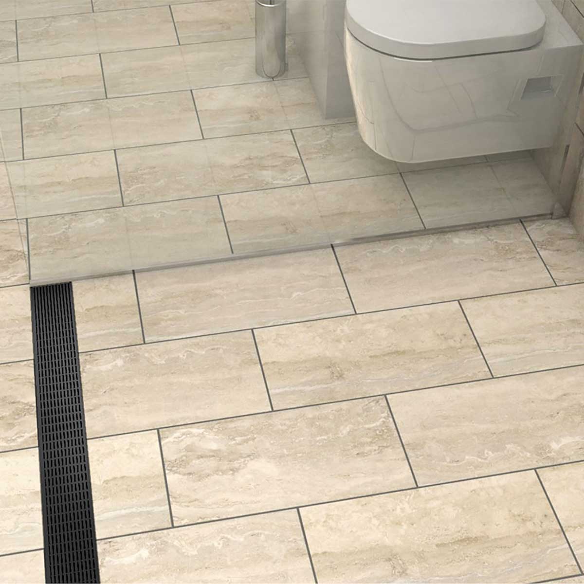 Matte Black linear shower drain with foot-friendly wedge grate