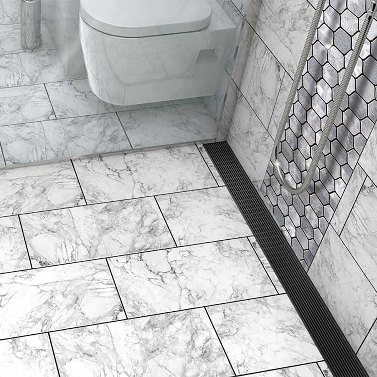 ADA accessible Matte Black linear shower drain with anti-slip wedge grate
