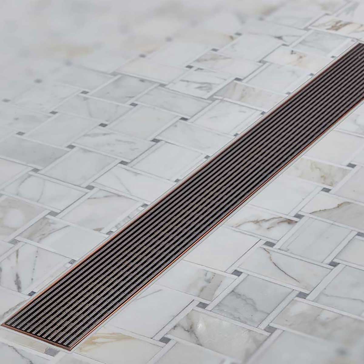 Oil-Rubbed Bronze linear shower drain for curbless bathrooms