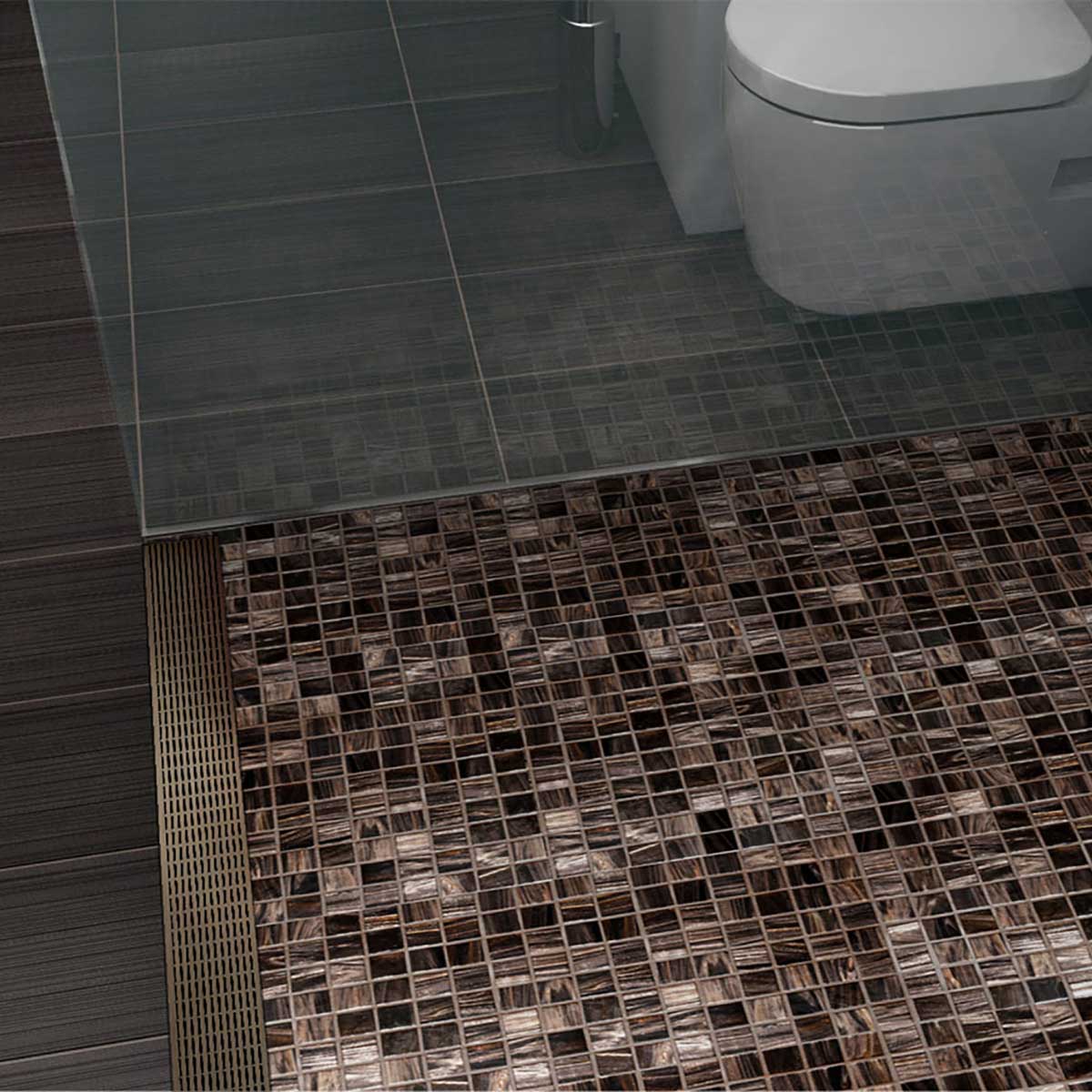 ADA accessible Oil-Rubbed Bronze linear shower drain with anti-slip wedge grate
