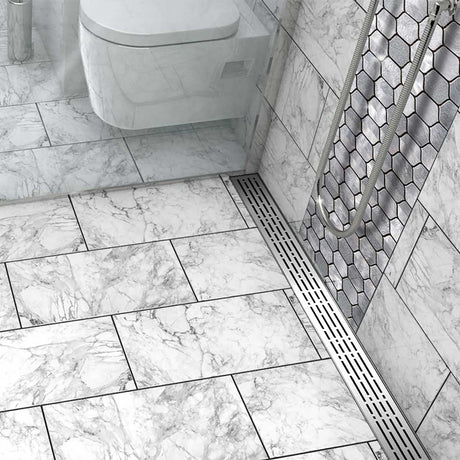 Quartz by ACO Polished Chrome linear shower drain installed in contemporary curbless shower