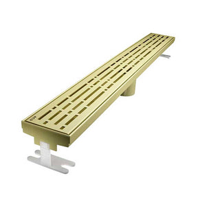 Quartz by ACO Mix Satin Brass linear shower drain with decorative geometric slot grate design