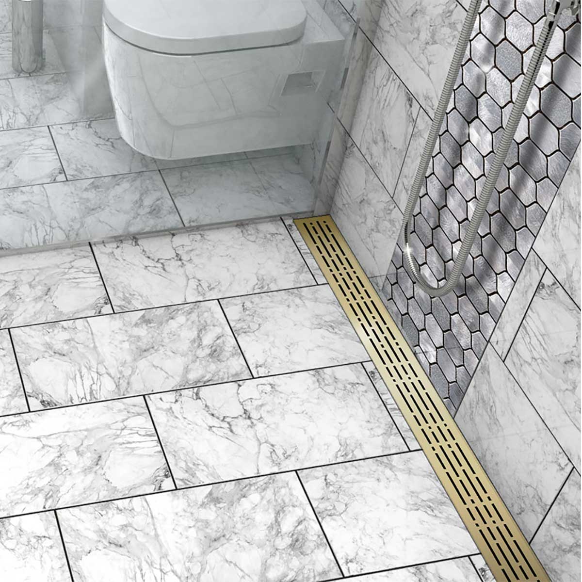 Decorative Quartz by ACO Mix Satin Brass shower drain grate for modern tile shower installations