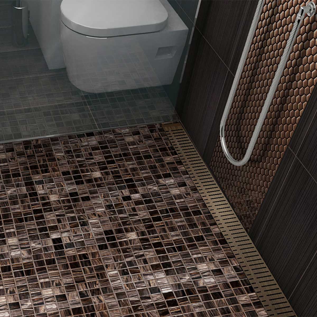 Premium stainless steel linear shower drain with Oil-Rubbed Bronze Piano grate