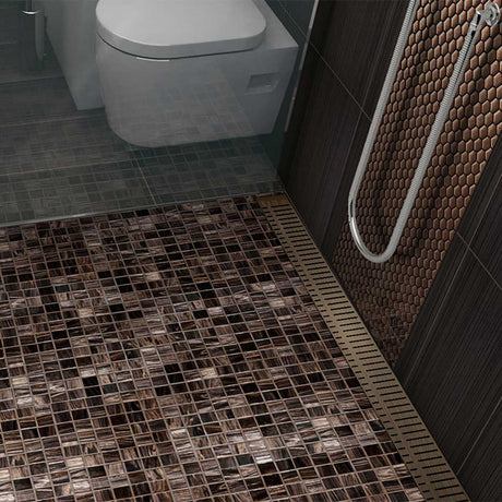 Premium stainless steel linear shower drain with Oil-Rubbed Bronze Piano grate