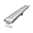Quartz Piano linear shower drain with polished chrome stainless steel grate for luxury walk-in shower installations