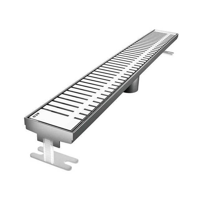 Quartz Piano linear shower drain with polished chrome stainless steel grate for luxury walk-in shower installations