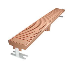 Quartz by ACO Piano linear shower drain in Rose Gold finish installed in modern luxury tile shower