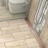 Contemporary walk-in shower featuring Quartz by ACO Piano linear shower drain in elegant Rose Gold finish