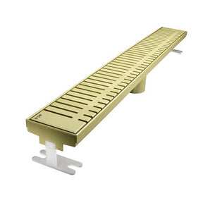 Quartz by ACO Piano linear shower drain with Satin Brass grate for luxury tile showers