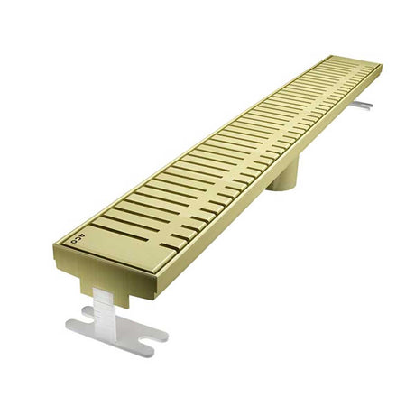 Quartz by ACO Piano linear shower drain with Satin Brass grate for luxury tile showers