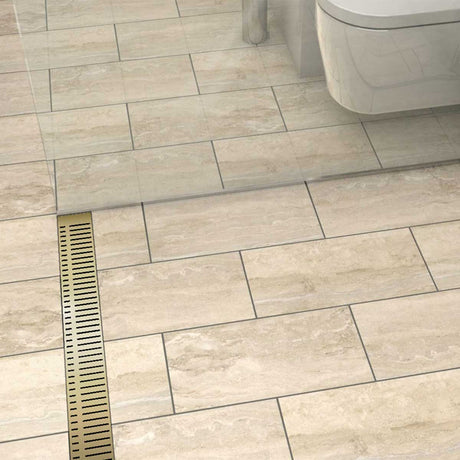 Satin Brass Piano grate linear shower drain for modern curbless shower installation