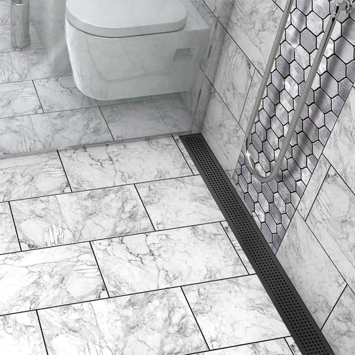 Matte Black Quadrato shower drain with geometric square grate