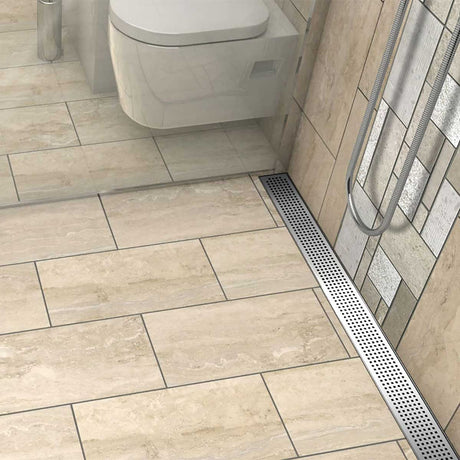 Polished Chrome Quadrato linear shower drain with geometric square grate