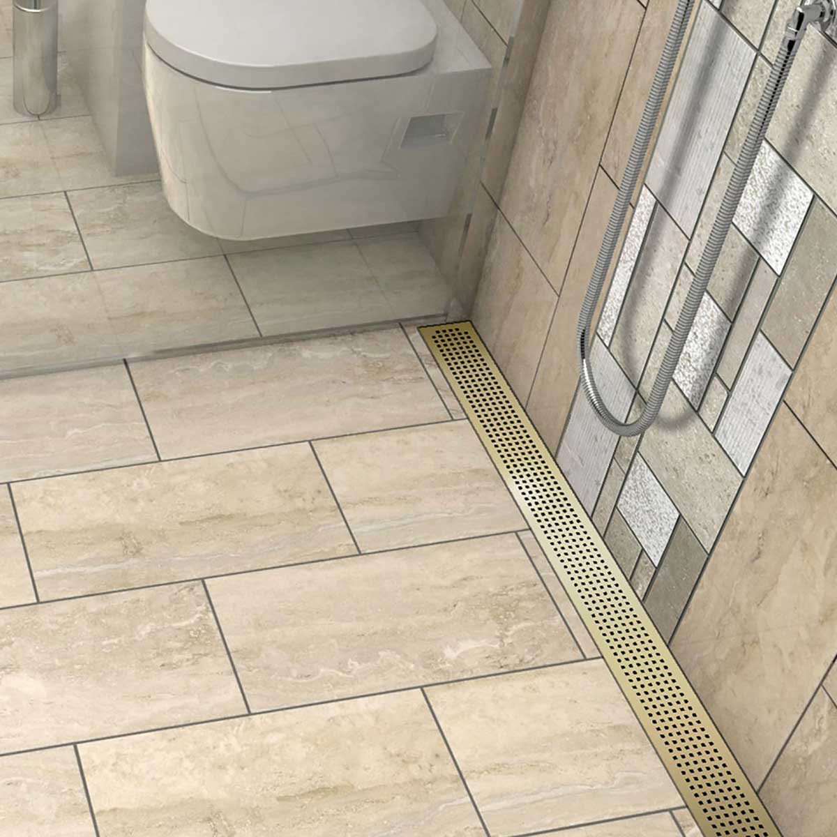 Satin Brass Quadrato linear shower drain with geometric square grate