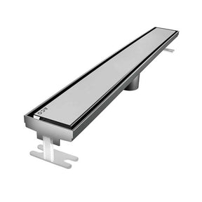 Quartz by ACO Solid Linear Shower Drain with Brushed Stainless Grate Installed in Modern Walk-In Tile Shower