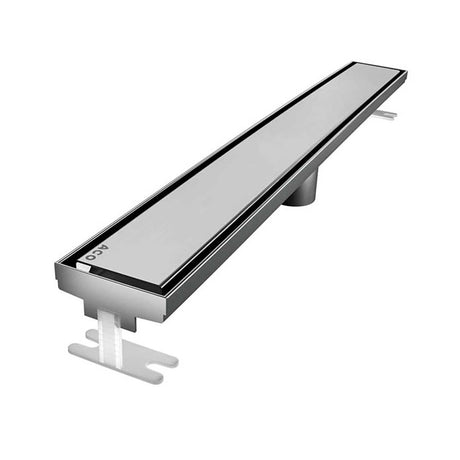 Quartz by ACO Solid Linear Shower Drain with Brushed Stainless Grate Installed in Modern Walk-In Tile Shower