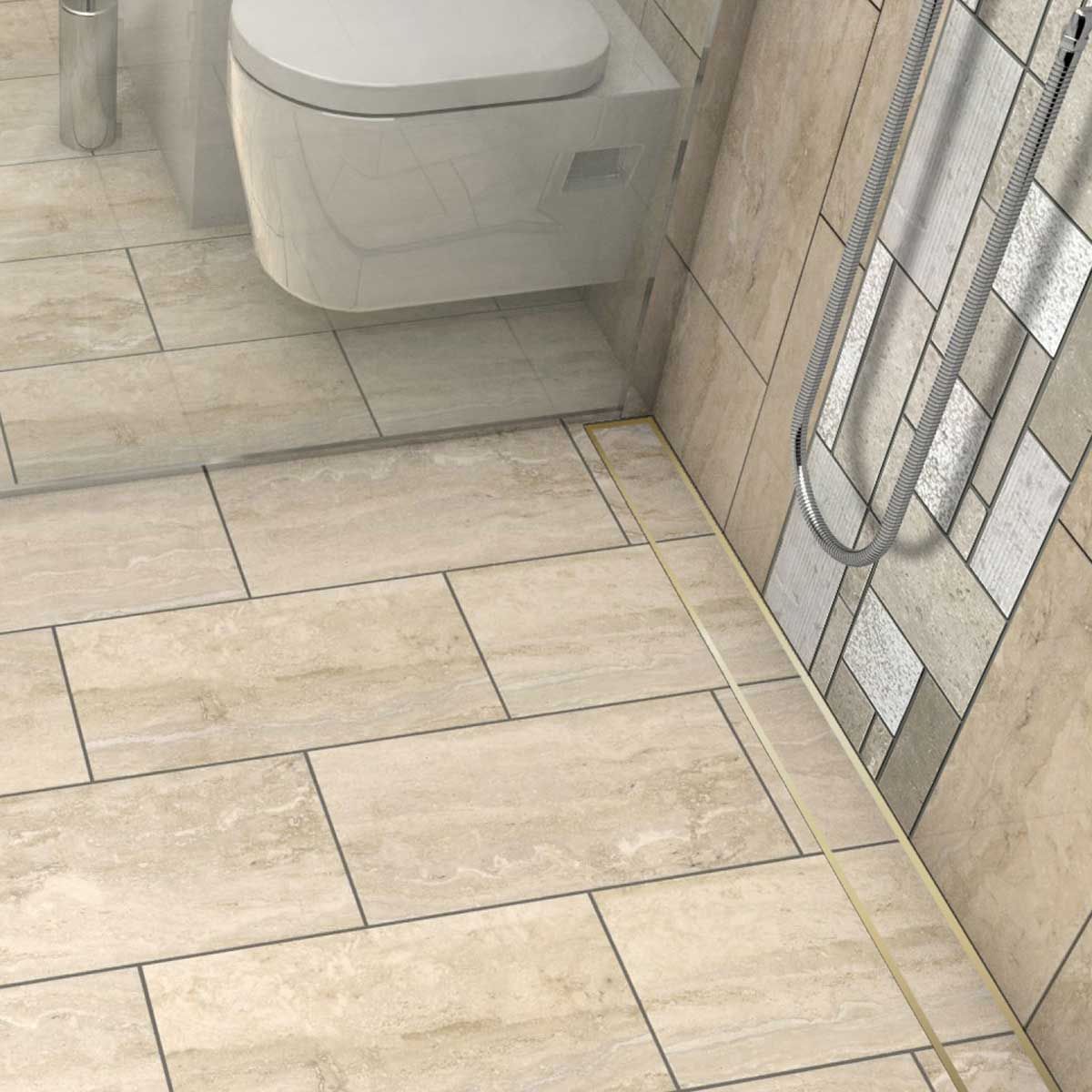 Stainless steel linear shower drain with Satin Brass tile insert grate