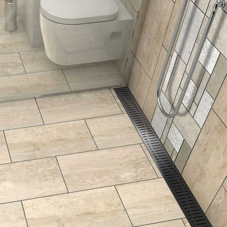 Premium Quartz Wave Black Nickel linear shower drain with flowing wave grate pattern