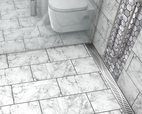 Premium Quartz Wave Polished Chrome linear shower drain with elegant flowing wave grate pattern