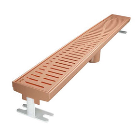 Quartz by ACO Wave linear shower drain with Rose Gold decorative grate for luxury tile showers