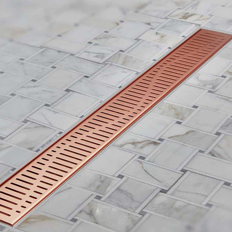 Premium Quartz Wave Rose Gold linear shower drain with elegant flowing wave grate pattern