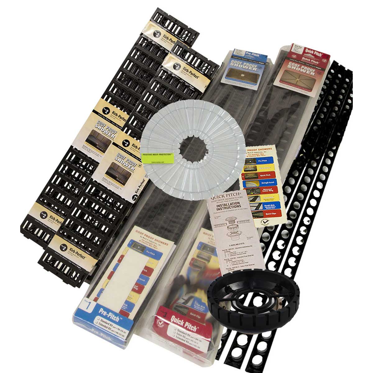Quick Pitch universal shower floor kit with 2 Kirb-Perfect curbs